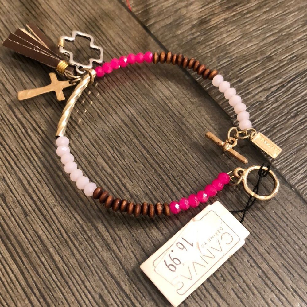 CANVAS Memory Wire Bracelet w/ Leather Tassel & Cross Charms